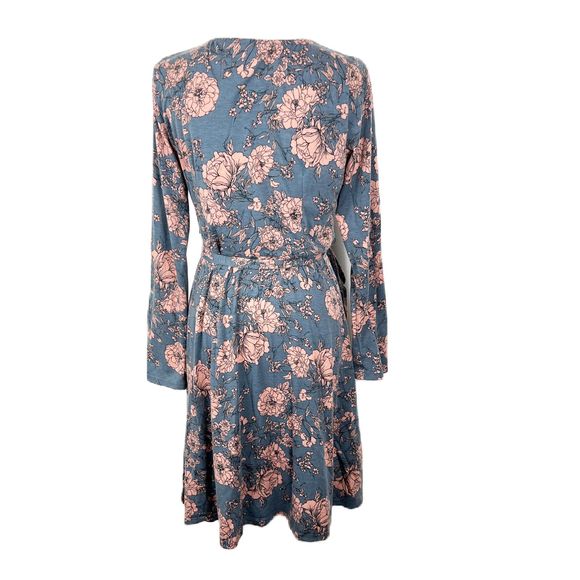 Moosungeek Dress Women Large Blue Floral All Over Print Long Sleeve Surplice - Picture 4 of 15